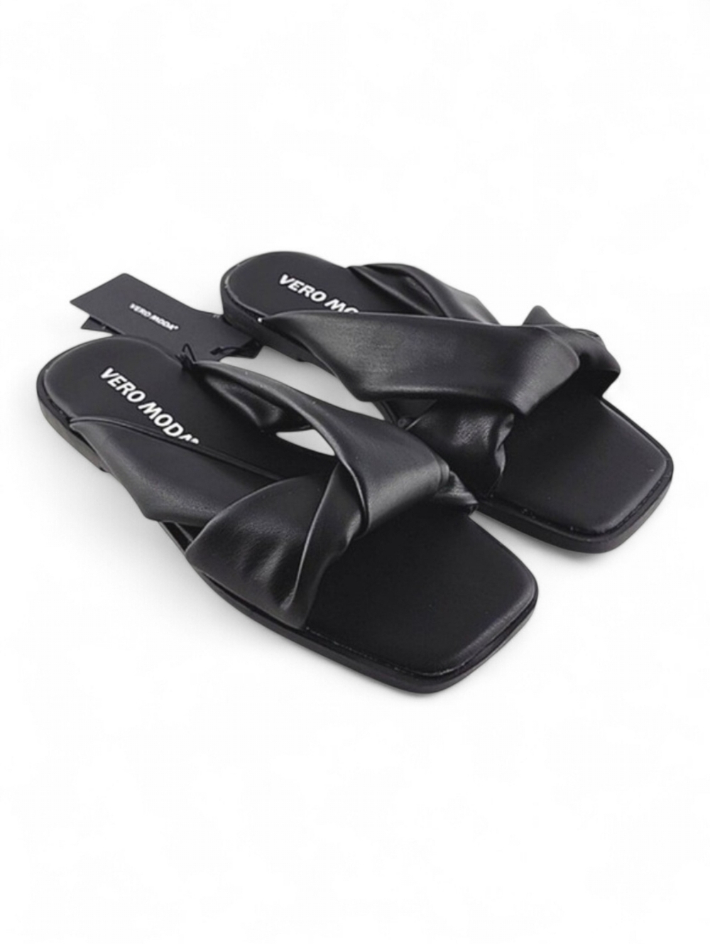 NWT Vero Moda Women's Black Twist Square Toe Flat Slides Sandals Faux Leather 6